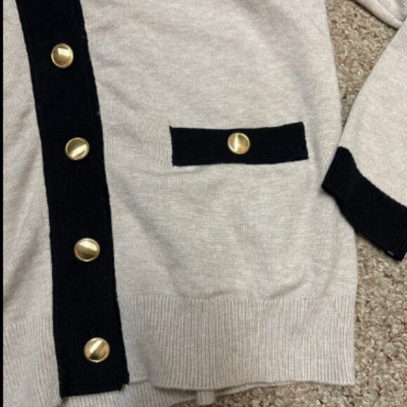 ANN TAYLOR BLACK BEIGE TAN GOLD BUTTON V NECK BOYFRIEND CARDIGAN SWEATER NEW M - Picture 6 of 8